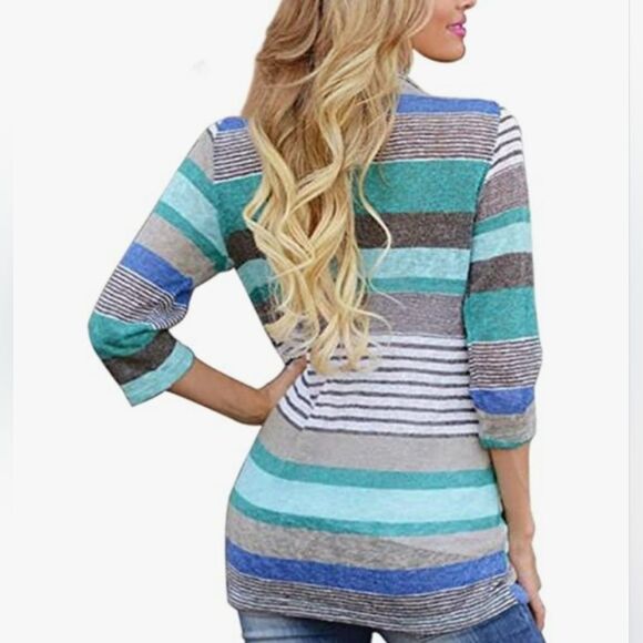 🔸️Blue, Teal, & Gray Striped Cascading Open Front Cardigan Kimono Large - Picture 3 of 12